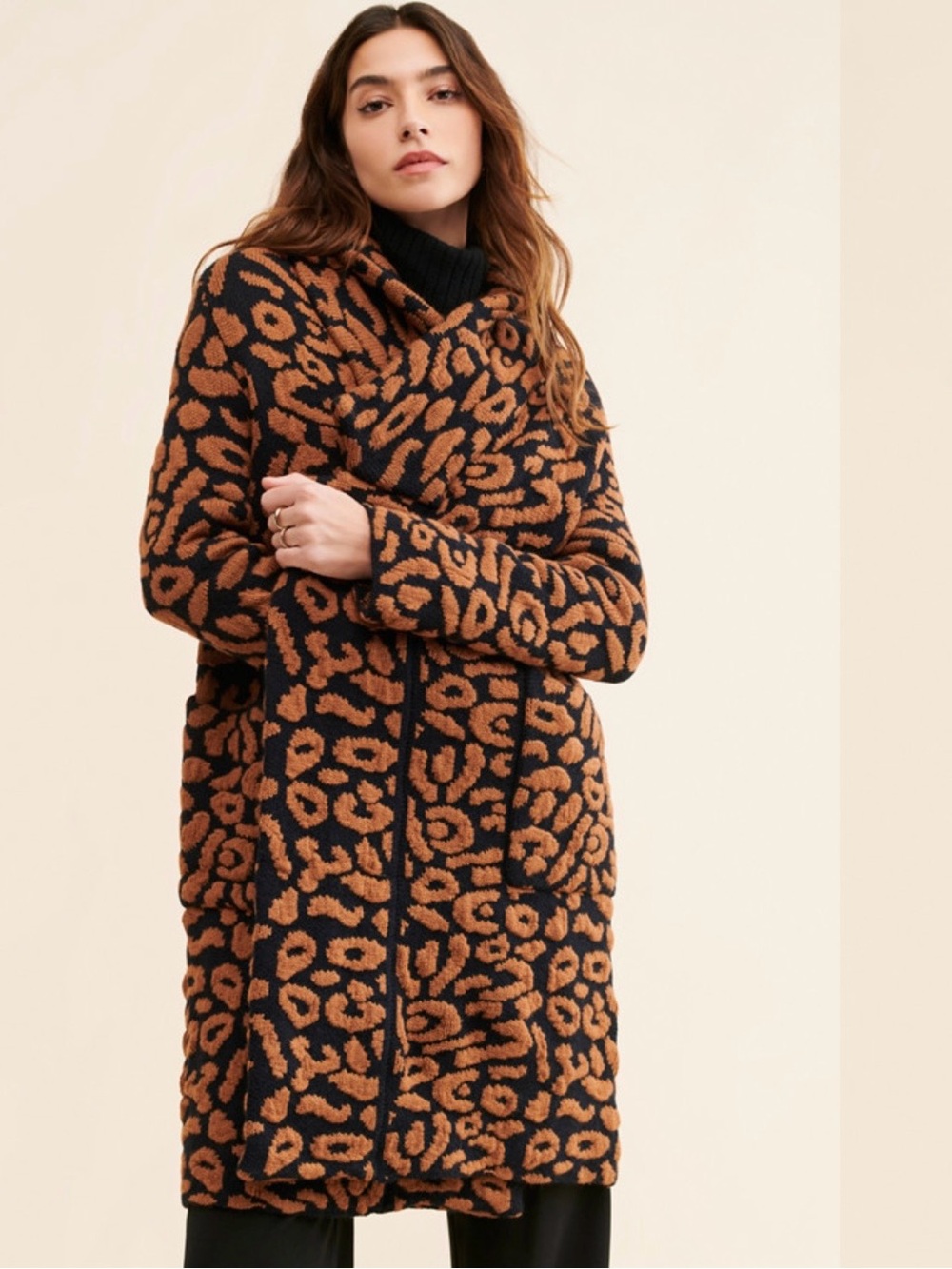 Anthropologie Ciebon Black & Tan Animal Print Cardigan Duster — Small